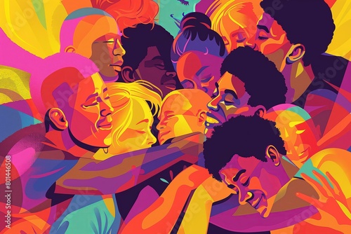 flat illustration of a diverse group of people hugging in a group hug  abstract vibrant visual