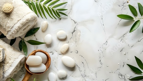 Spa Ambiance  Marble Background with White Stones  Towel  and Green Plant. Concept Spa Ambiance  Marble Background  White Stones  Towel  Green Plant