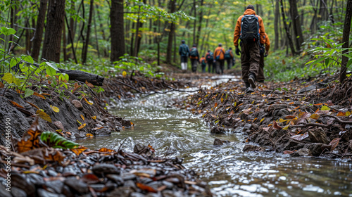 A group of people are walking through a muddy path in the woods. The water is murky and the ground is covered in leaves. Scene is somewhat somber and melancholic