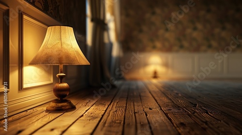 Imagine an elegant setting with a lamp on a wooden floor, its glow softened by a stylish lampshade photo