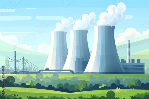 Nuclear Power Plant Landscape Illustration. Illustrated landscape of a nuclear power plant with cooling towers emitting steam, set against a clear blue sky and green fields.