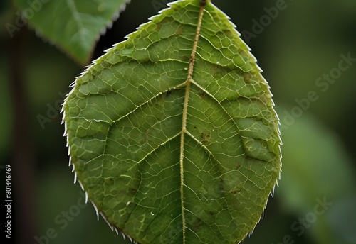 A close-up view of a birch leaf s serrated edge  its veins forming a network across its vibrant green surface  generative AI