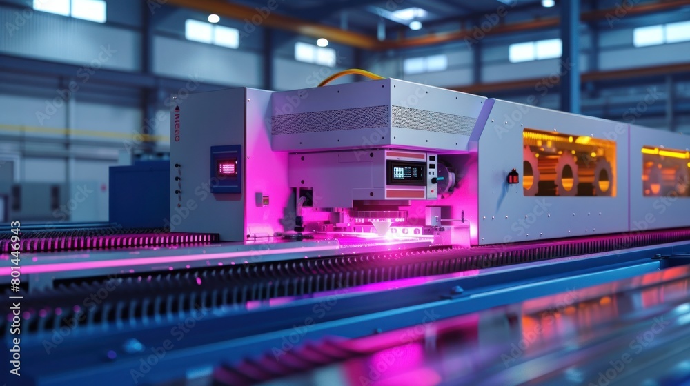 Colorful Light Illuminating a D Rendered Gear Fabrication Machine in a Workshop