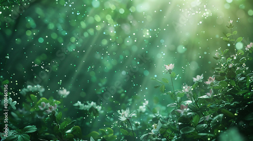 Enchanted garden with sparkling emerald particles dancing amidst a softly blurred setting, evoking a sense of magic and wonder amidst the lush foliage and flowers.