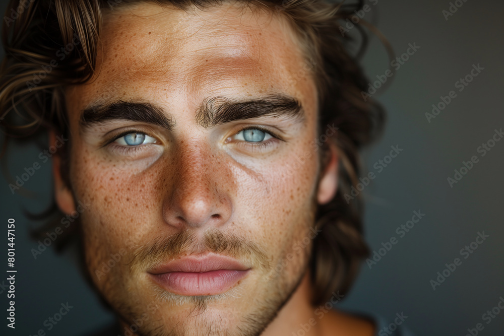 Close up portrait of a handsome young man with long curly hair Close up portrait of a handsome young man with long curly hair