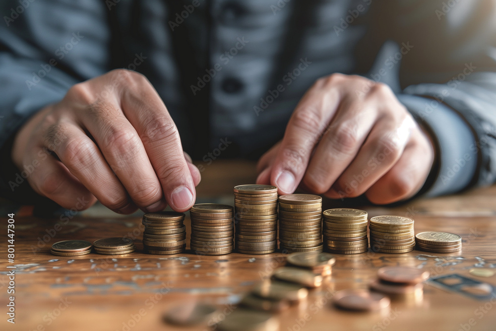 Man stacking coins on wooden table, business and finance concept idea