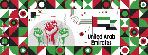 Flag and map of United Arab Emirates with raised fists. National day or Independence day design for Counrty celebration. Modern retro design with abstract icons.