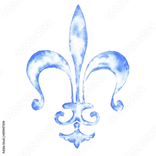 Fleur-de-lis blue watercolor ornament, vintage illustration  (ID: 801447504)