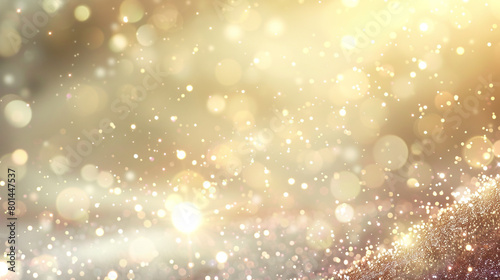 Shimmering Warm Beige Bokeh Lights, Optical Glitter and Sparkle on Soft Abstract Background, Realistic Camera Shot