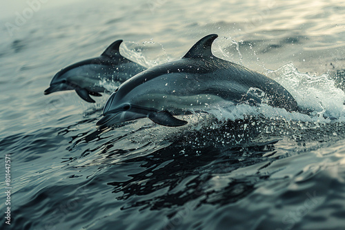 A pair of dolphins leaping gracefully out of the water, their sleek bodies glistening in the sunlight. © shafiq