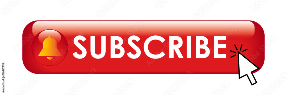 Red subscribe button of channel with notification bell icon and mouse cursor clicking on, isolated on transparent or white background, vector illustration Red subscribe button of channel with notification bell icon and mouse cursor clicking on, isolated on transparent or white background, vector illustration