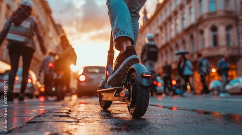 A group of people riding scooters on a busy city street