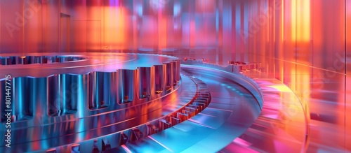 Colorful Lighting Illuminates a HighTech Gear Chamfering Machine in a D Rendered Factory photo