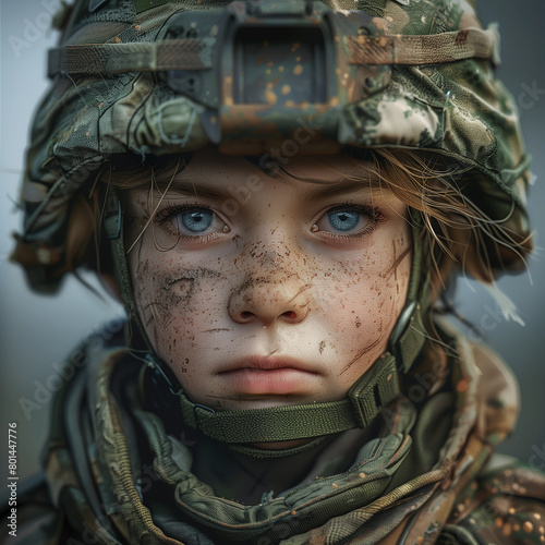 portrait of a blue eyed children girl wearing a helmet photo