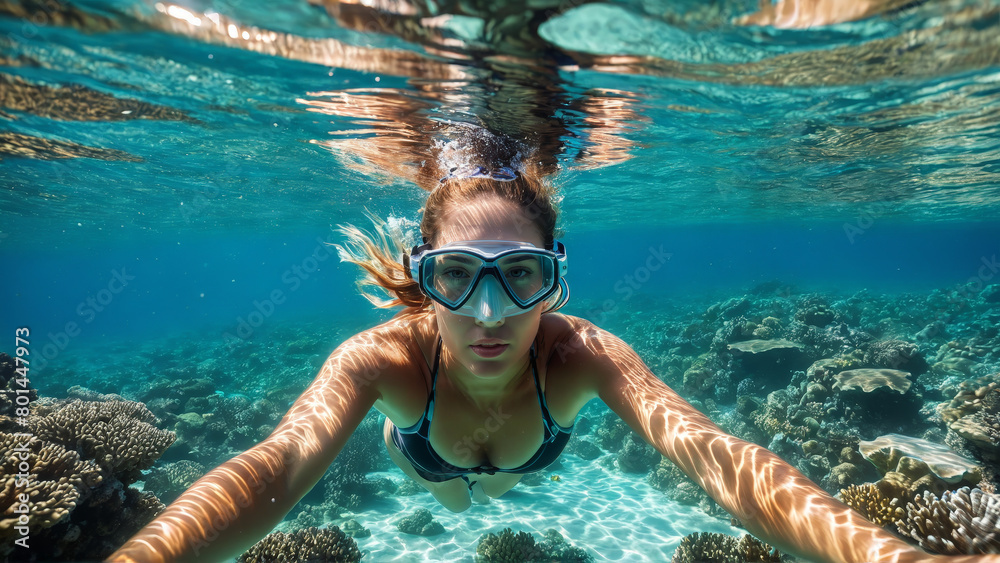 Naklejka premium Adventurous woman snorkeling in crystal clear water fish swirling coral reef vibrant underwater wonder