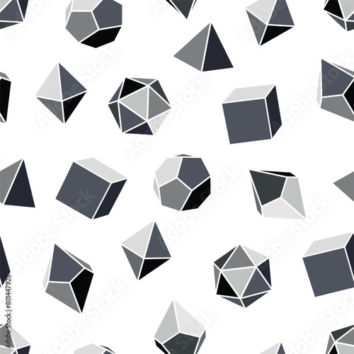 Seamless pattern of grayscale dice for DND role playing games with four, six, eight, twelve and twenty sides. Dice for the game Dungeons and Dragons in grayscale on white background. photo
