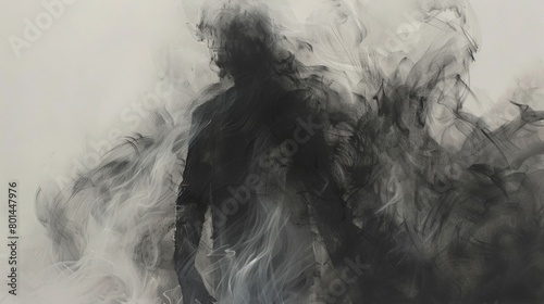 A lifelike charcoal sketch of a figure shrouded in billowing smoke  evoking a sense of mystery and intrigue.