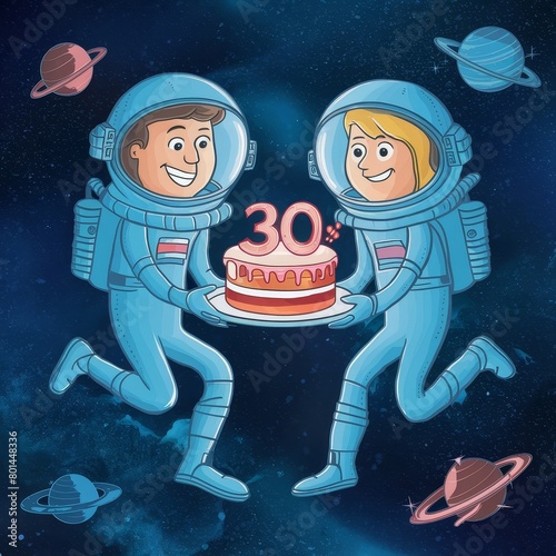 thirtieth wedding anniversary: couple in love husband and wife happily celebrating marriage in space and holding cake, doodle cartoon greeting card