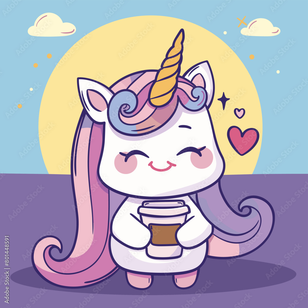 Cute unicorn holding coffee cup flat vector illustration Cute unicorn holding coffee cup flat vector illustration