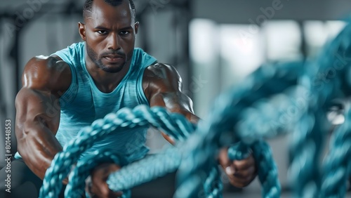 An African American man exercising with battle ropes in a gym. Concept Exercise, Fitness, Gym Workout, Active Lifestyle, African American Community