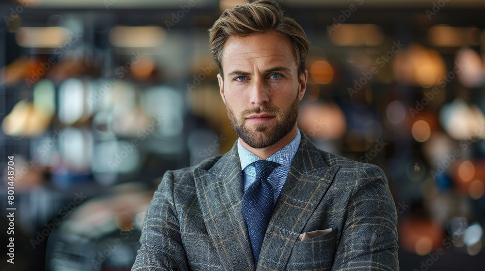 Fototapeta premium A man in a suit stands in front of a rack of clothes