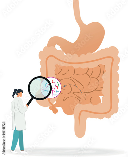 A doctor is looking at a picture of a person's stomach. The stomach shows microorganisms.microbiome Concept
