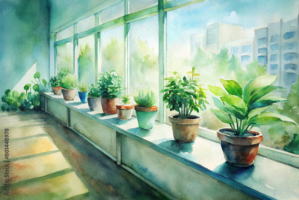 Leading Line from Potted Plants Lining Sunny Office Window Ledge