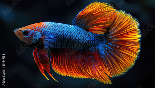 Beautiful male betta fish, color photography, vibrant colors, high contrast, detailed texture of scales and fins. Created with Ai