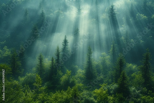A tranquil forest landscape enveloped in morning mist, casting a mysterious and enchanting atmosphere.