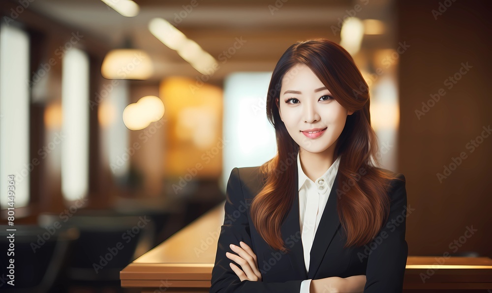 Professional businesswoman stands poised with arms crossed in an office setting, exuding confidence and leadership, perfect for corporate and career-related themes