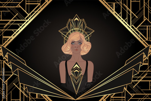 Retro fashion, glamour girl of twenties. African American woman. Vector illustration. Flapper 20s style. Vintage party invitation design template. Fancy black lady.