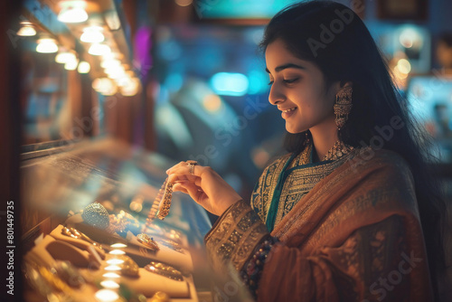 Young indian woman looking and touching jewelery at shop