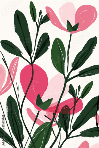 floral background with leaves and flowers in pink