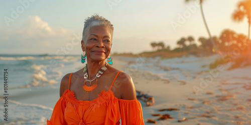 An elderly black woman with a youthful appearance, short gray hair, and dressed in orange summer clothing walking on the beach. Concept of middle age, well-being, quality of life, and female care.