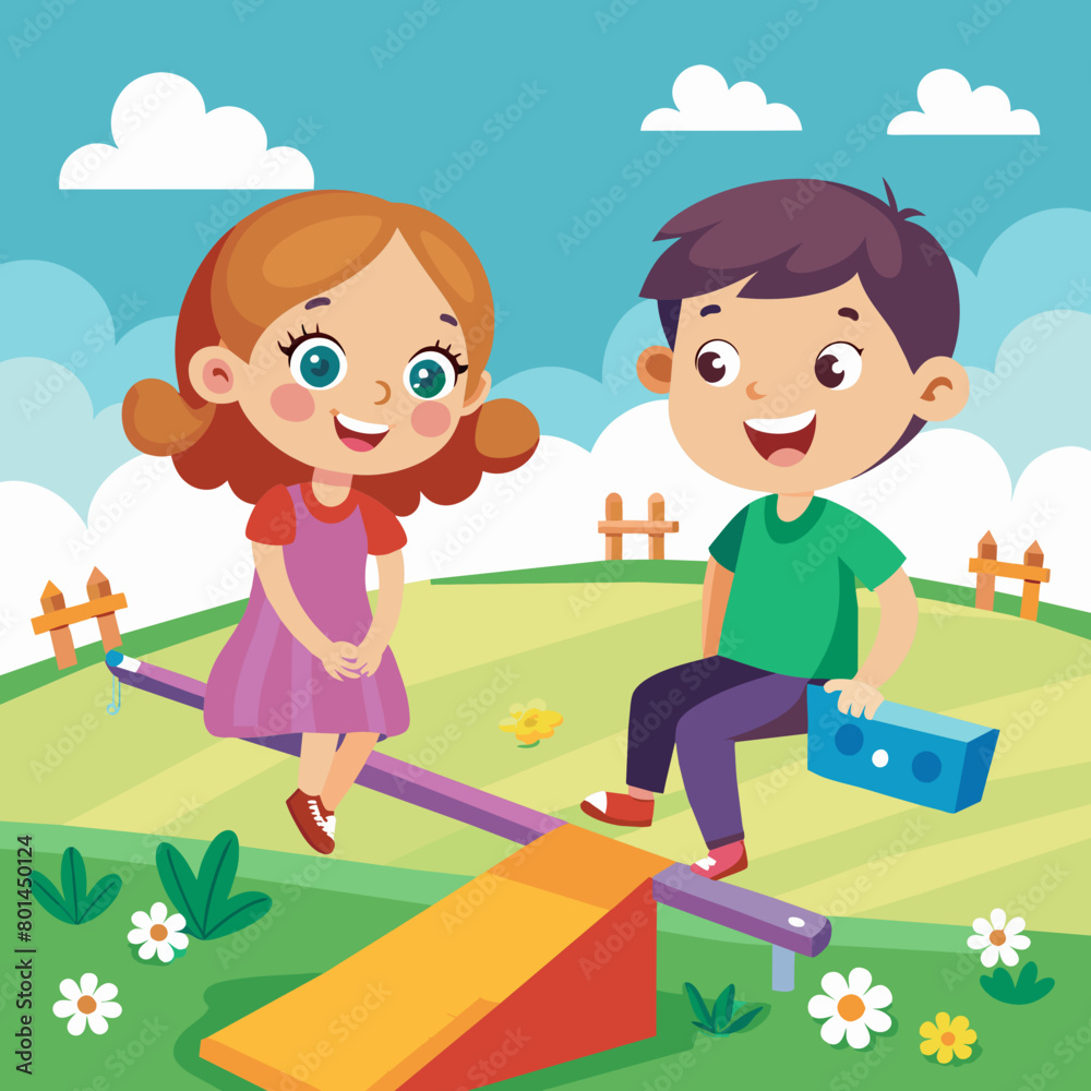 happy-cute-kid-boy-and-girl-play-seesaw-together