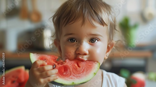 little pretty child baby bites into a piece of red watermelon with relish and looks into the camera, 16:9 photo
