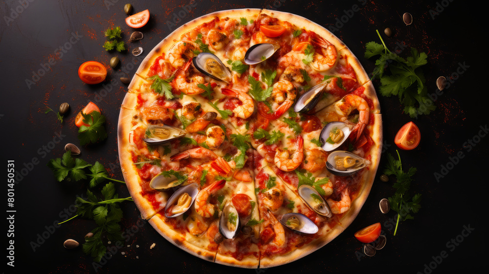 Delicious aromatic pizza with gooey cheese, seafood, and basil, next to the ingredients on a white background.