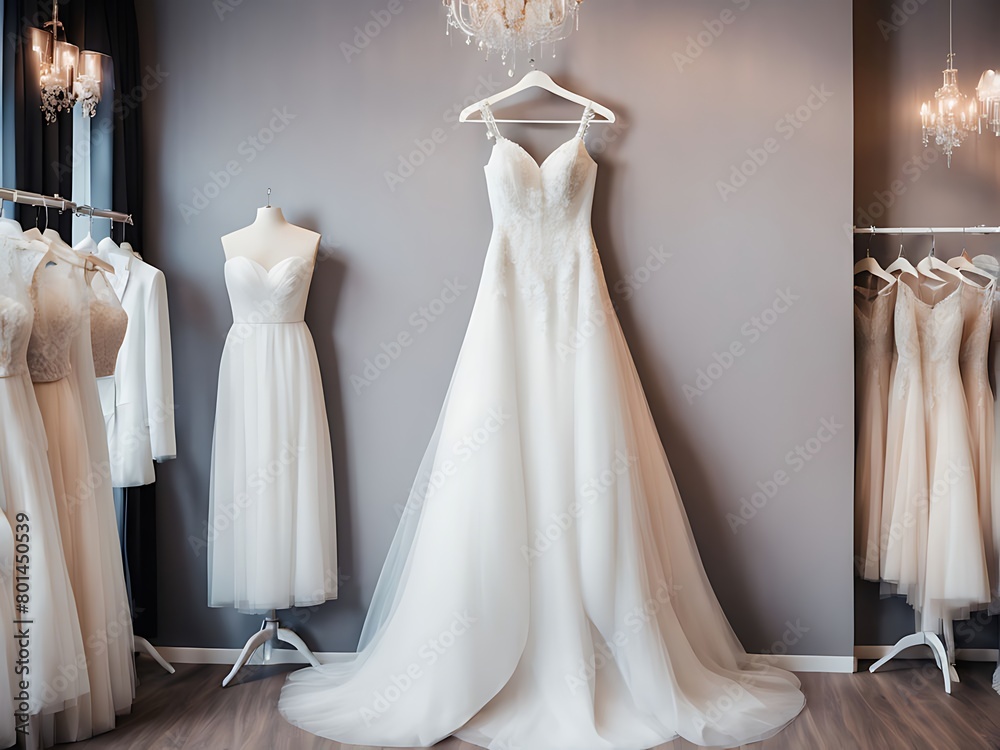A beautiful, stylish wedding dress or bridal dress hanging on a mannequin in a luxury boutique. Fashion look. Interior of bridal salon design. A beautiful, stylish wedding dress or bridal dress hanging on a mannequin in a luxury boutique. Fashion look. Interior of bridal salon design.