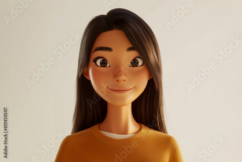 Smiling Asian cartoon character young woman female person with long black hair wearing orange sweater in 3d style design on light background. Human people feelings expression concept