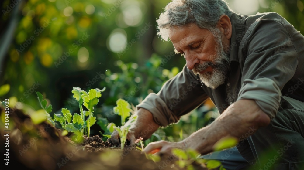Fototapeta premium Elderly Man Embraces Green Living by Planting Native Plants in Backyard with Sustainable Methods