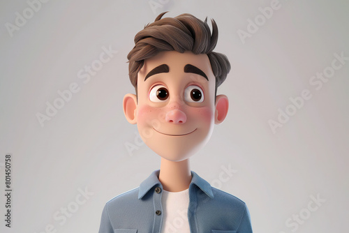 Smiling friendly cartoon character adult man male person portrait wearing blue shirt in 3d style design on light background. Human people feelings expression concept