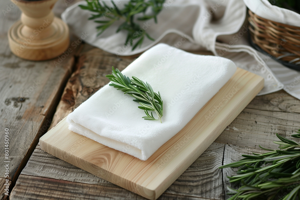 Fresh rosemary and towel on wooden background Fresh rosemary and towel on wooden background