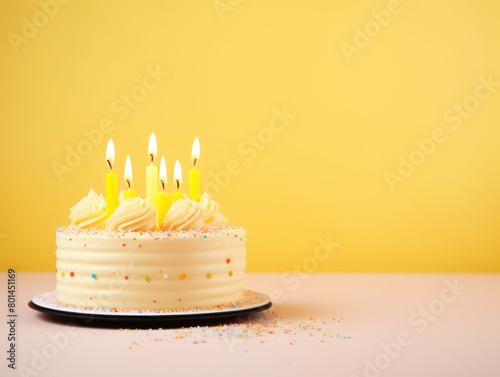 Yellow background with birthday cake with candles pastel backdrop empty blank copyspace for design text photo website web banner backdrop texture  photo