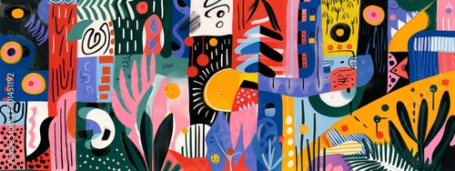 A playful abstract composition featuring whimsical shapes and patterns.