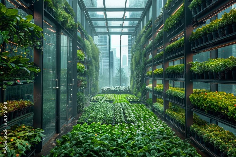 City skyline with transparent botanical structure City skyline with transparent botanical structure