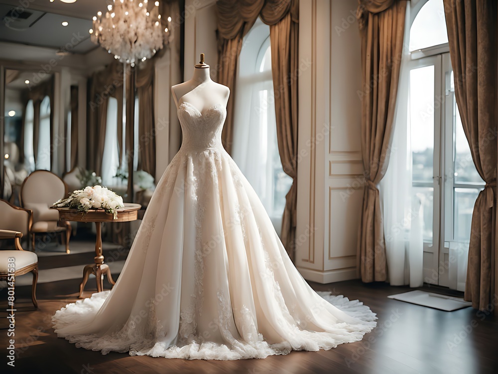 A beautiful, stylish wedding dress or bridal dress hanging on a mannequin in a luxury boutique. Fashion look. Interior of bridal salon design. A beautiful, stylish wedding dress or bridal dress hanging on a mannequin in a luxury boutique. Fashion look. Interior of bridal salon design.