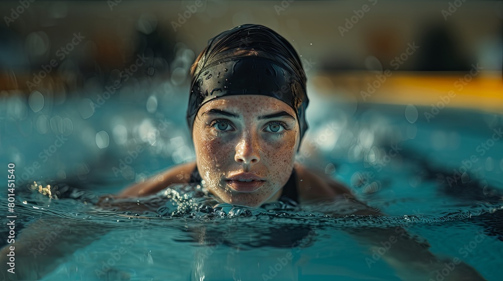 Portrait of a Focused Swimmer in Pool.