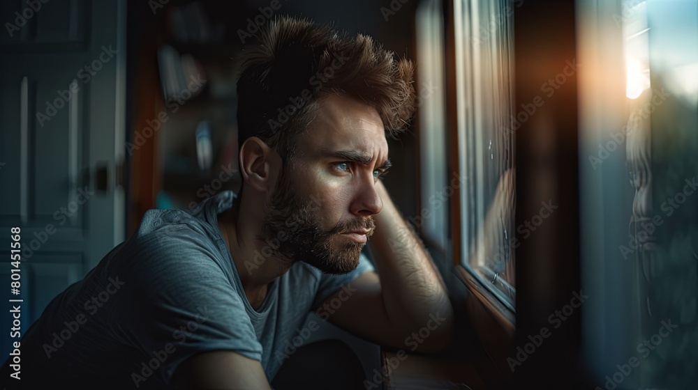Portrait of a young man with contemplative expression at the window. Portrait of a young man with contemplative expression at the window.