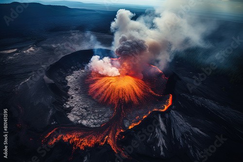 Volcano eruption from a bird view. Volcano crater and magma flow shot from above. Genertated AI. photo