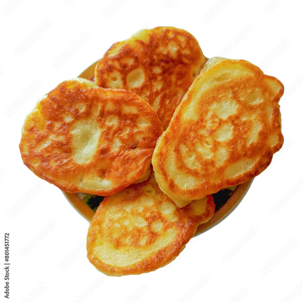 Freshly cooked fried pancakes on plate isolated on transparent background. Sample food sample with top view Freshly cooked fried pancakes on plate isolated on transparent background. Sample food sample with top view
